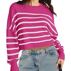 MeroKeety Long Sleeve Crew Neck Pink and White Striped Cropped Sweater